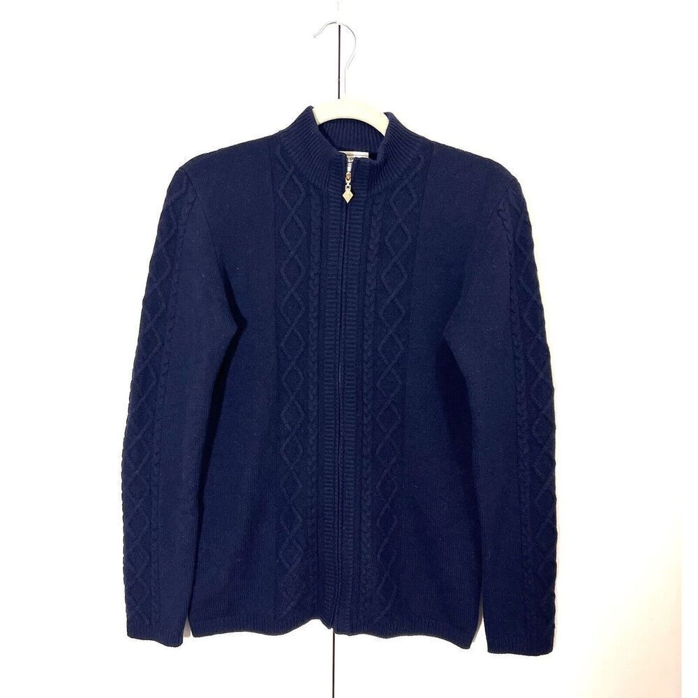 St John Sport Sweater Women’s S Cashmere Cable Knit Full Zip Navy Fisherman